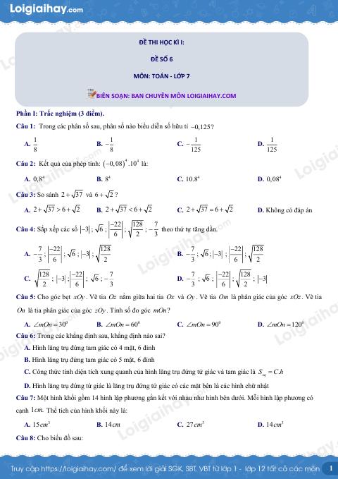 Đề thi học kì 1 Toán 7 - Đề số 6 - Chân trời sáng tạo